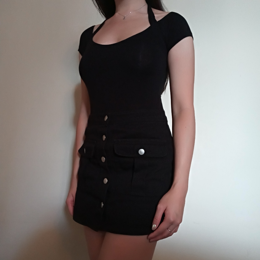 F21 Black Button Front Mini Skirt